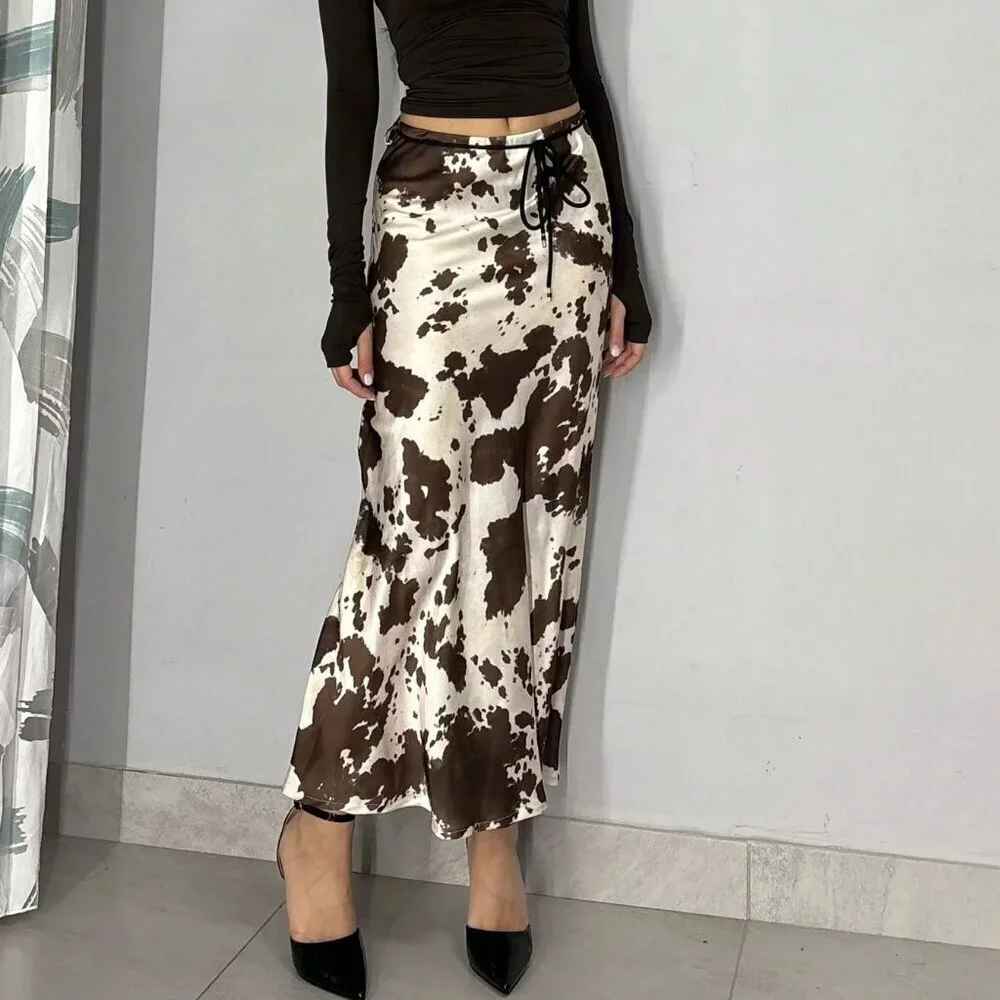 Multicolor Casual Women's Elegant Long Midi Satin Skirts with Animal Print